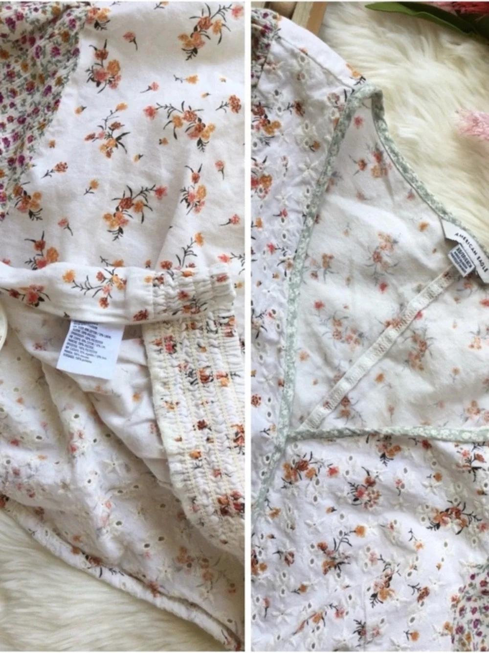 American Eagle White Floral Patchwork Eyelet Crop Top Sz XS Cottagecore